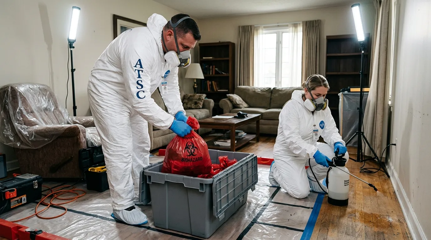 Professional Hazmat Cleanup technician in full PPE working in Maryvale
